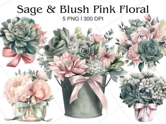 Download Sage and Pink Floral Watercolor Clipart - Ink Collection