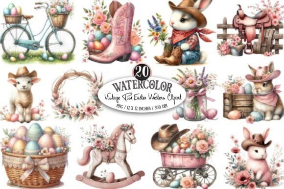 Download Vintage Pink Easter Western Clipart PNG - Ink Collection
